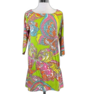 Trina Turk Bright Butterfly Paisley Print 3/4 Sleeve Mini Dress Tunic Size XS